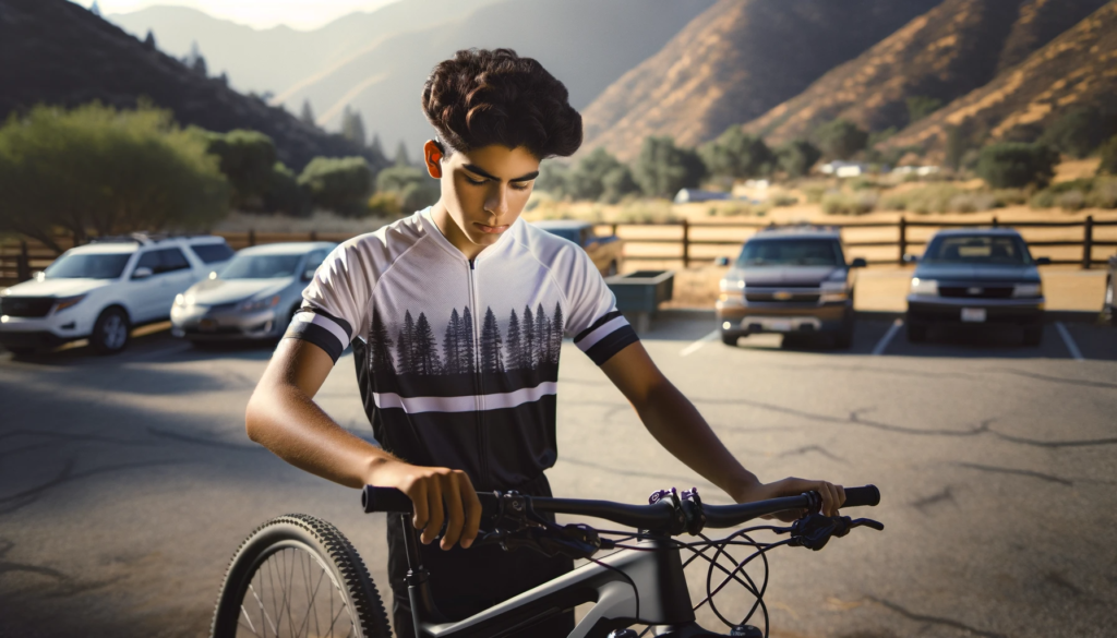 youth mountain biker doing a bike check before riding