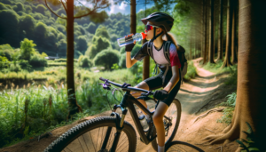 A teenage girl is mountain biking on a dirt trail in a lush, green forest. She is drinking from a water bottle while riding.