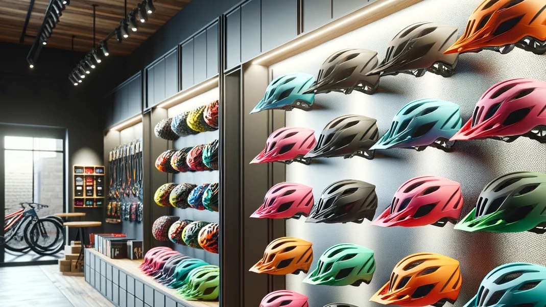 wall of xc helmets at a bike shop