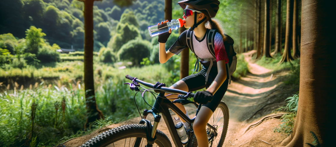 A teenage girl is mountain biking on a dirt trail in a lush, green forest. She is drinking from a water bottle while riding.