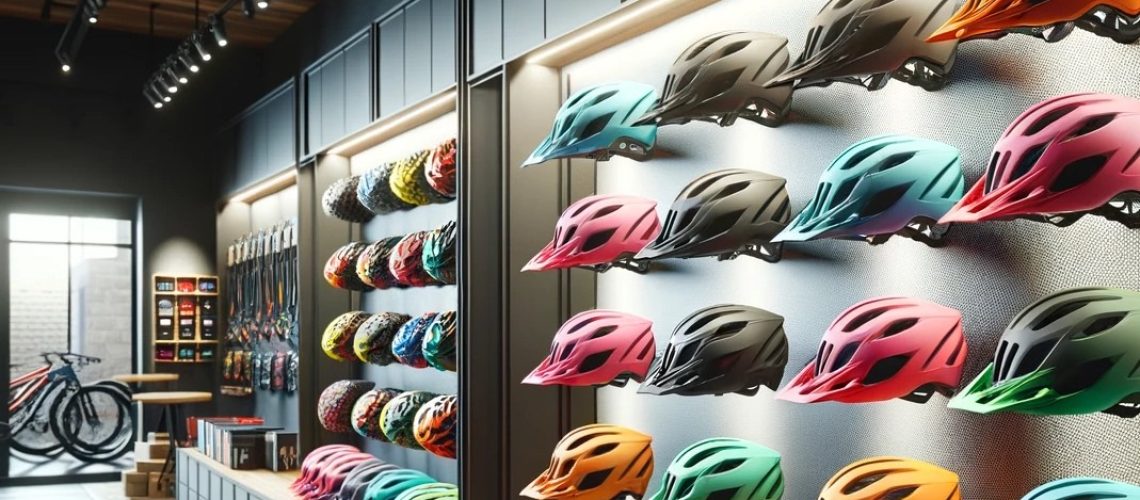 wall of xc helmets at a bike shop