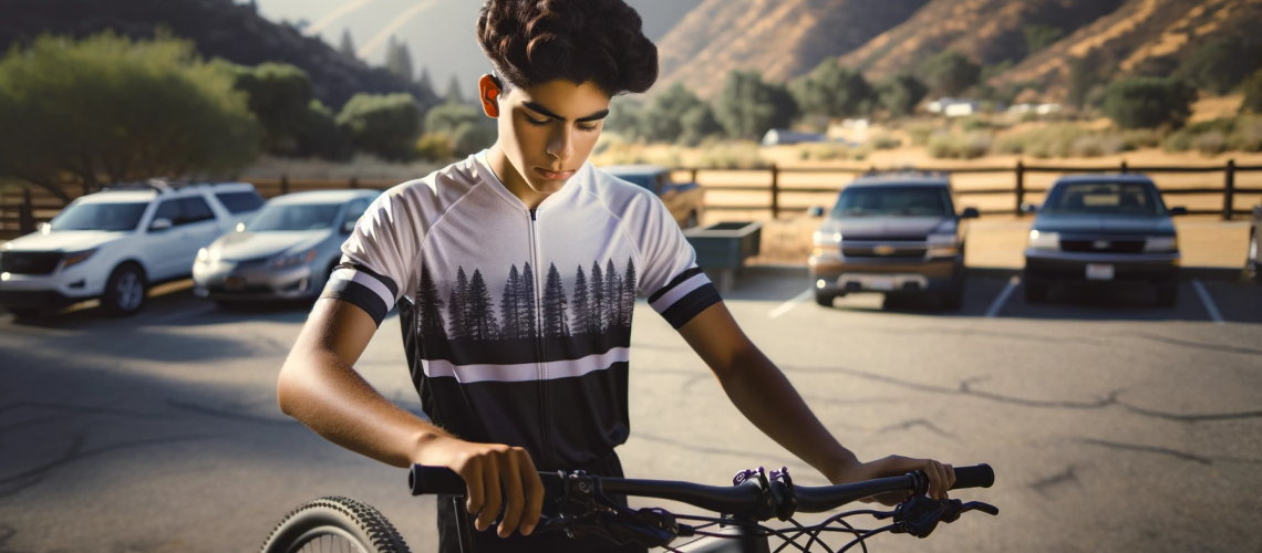 youth mountain biker doing a bike check before riding